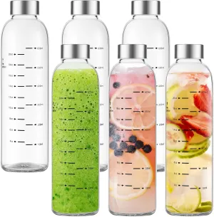 Glass Water Bottles with Lids 25 oz, Clear Glass Juice Bottles With Stainless Steel Cap, Reusable Drinking Bottle for Juicing, Refrigerator,100% Leak Proof, BPA Free, Set of 6