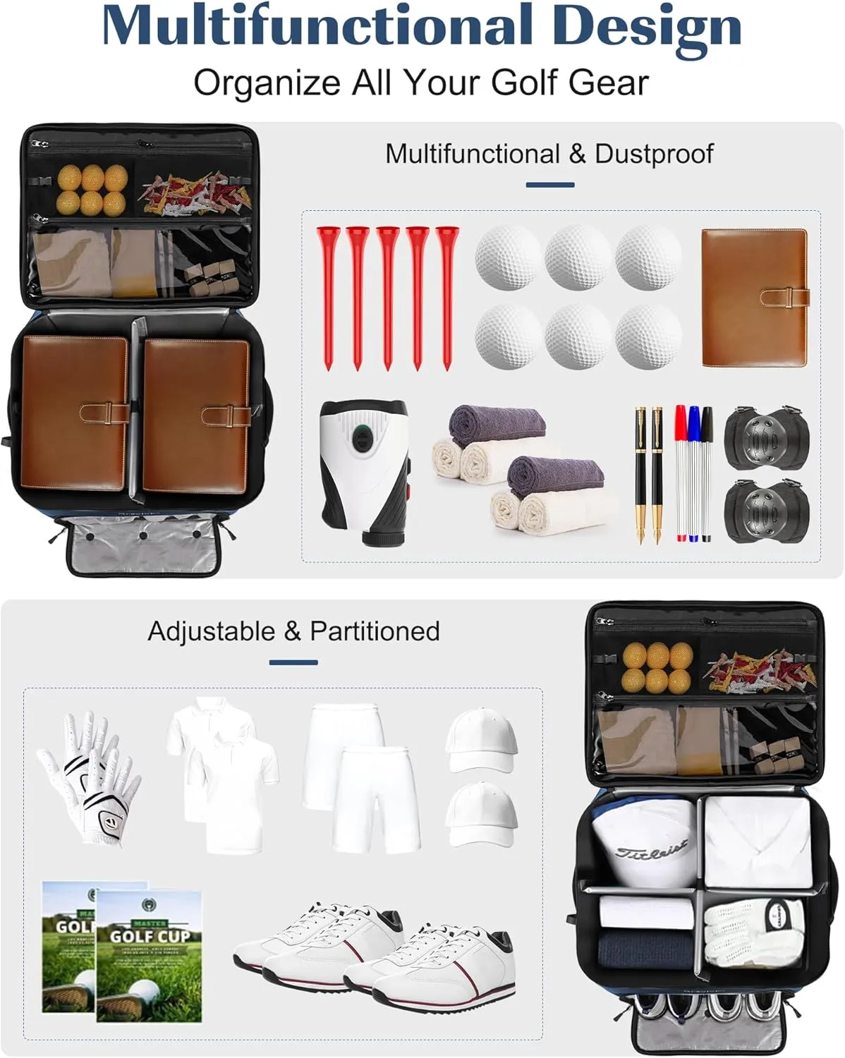 Golf Trunk Organizer, Waterproof Car Golf Locker with Separate Ventilated Compartment for 2 Pair Shoes, Golf Storage for Balls, Tees, Cap, Clothes, Gloves, Accessories, Gifts for Men, Women