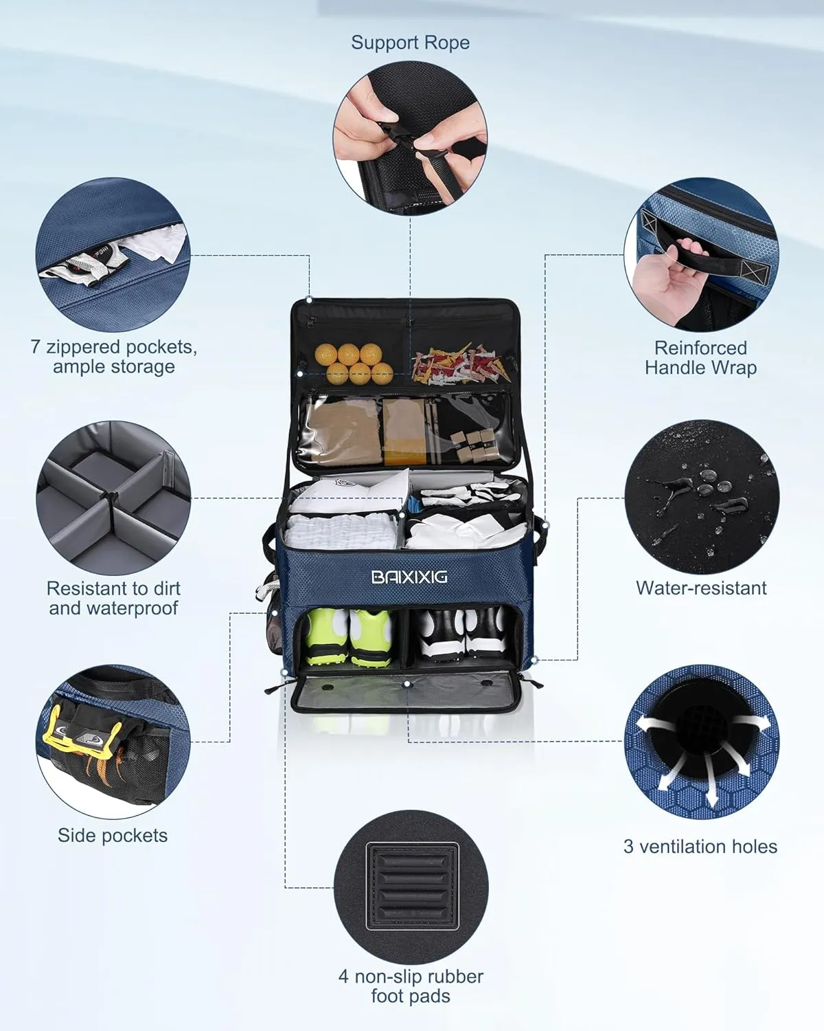 Golf Trunk Organizer, Waterproof Car Golf Locker with Separate Ventilated Compartment for 2 Pair Shoes, Golf Storage for Balls, Tees, Cap, Clothes, Gloves, Accessories, Gifts for Men, Women
