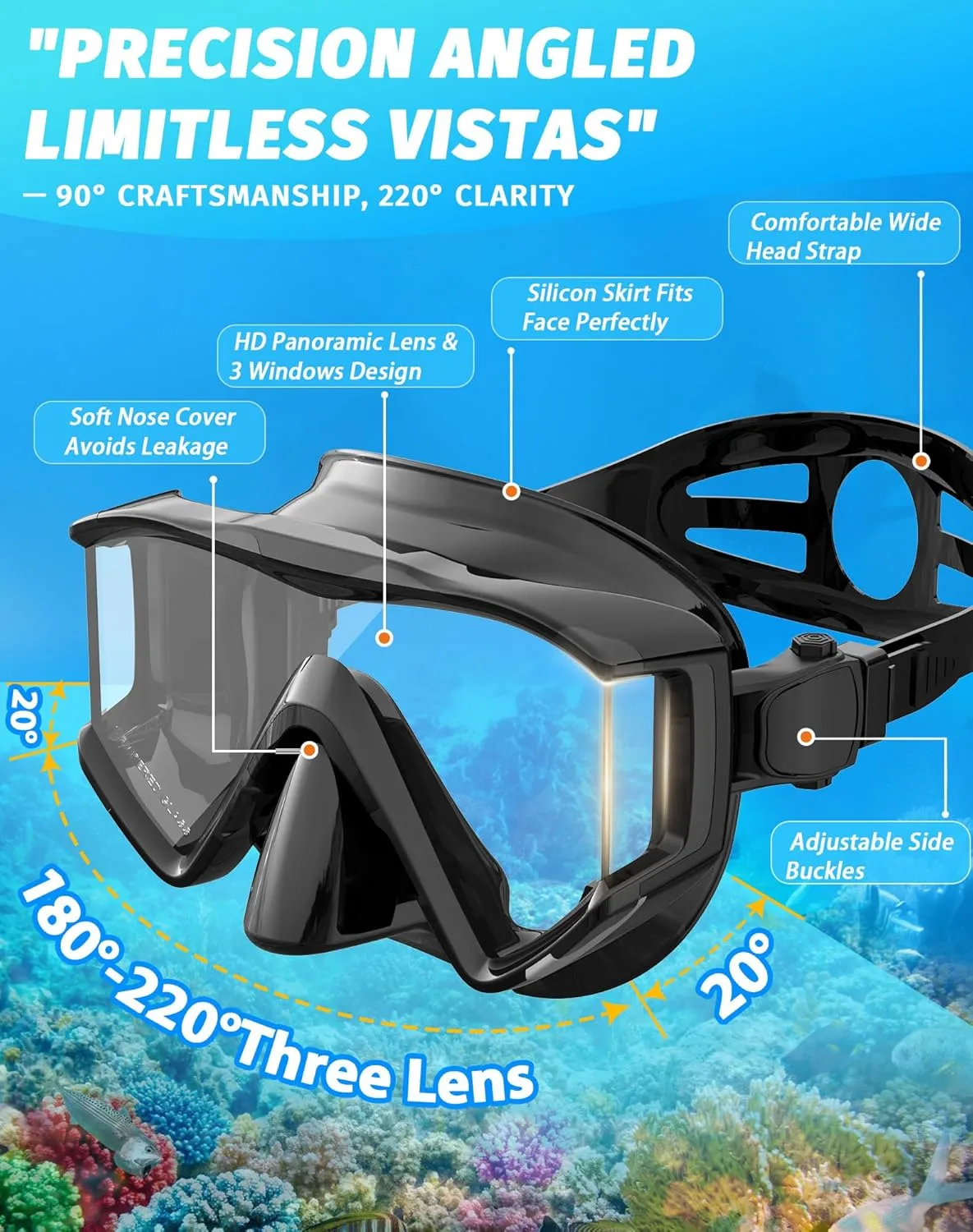 Greatever Snorkel Set Pano 3 Window Snorkel Mask Adult, Panoramic Wide View, Anti-Fog Scuba Diving Mask, Anti-Leak Snorkel Goggles Dry Top Snorkel, Professional Snorkeling Gear for Adults
