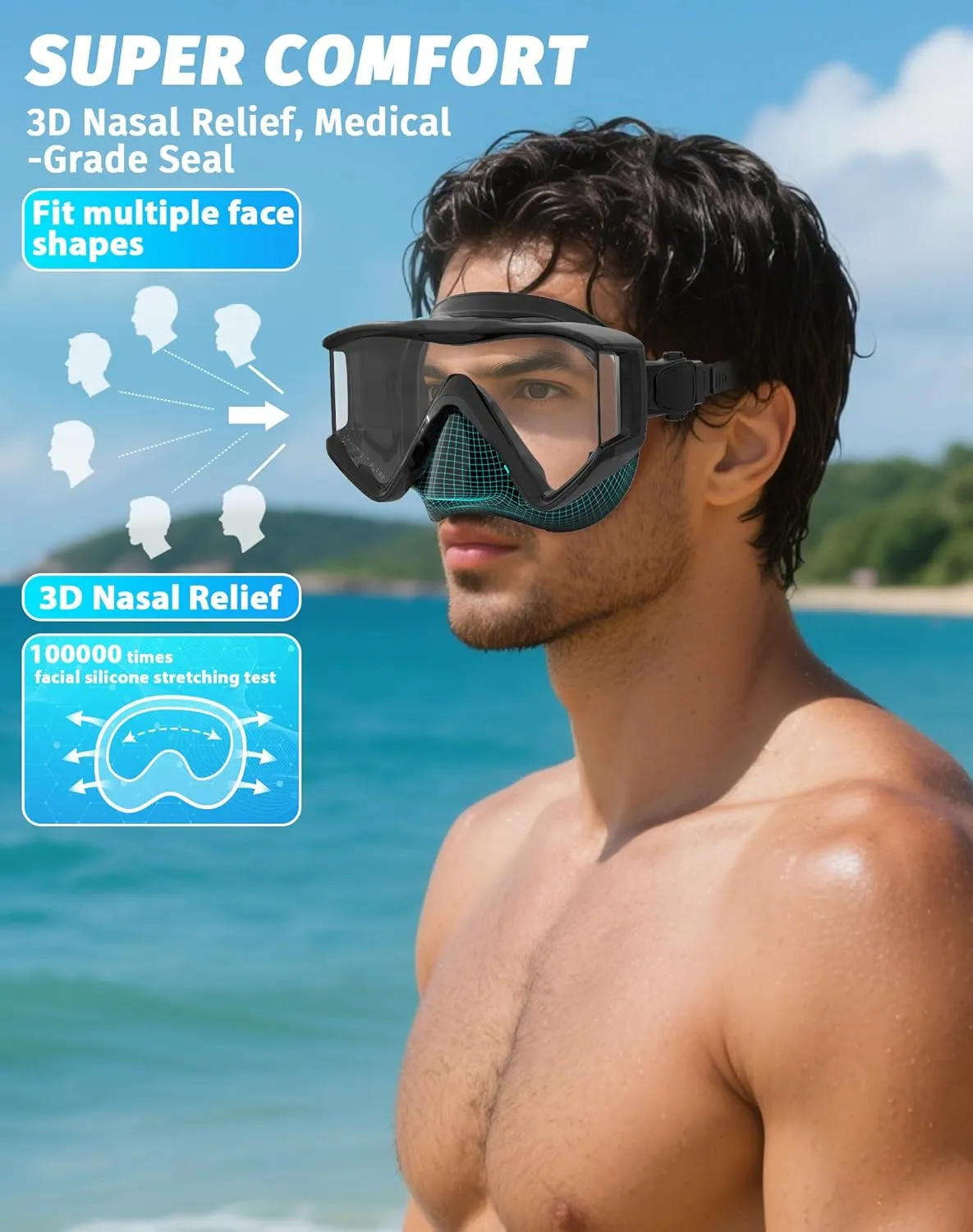 Greatever Snorkel Set Pano 3 Window Snorkel Mask Adult, Panoramic Wide View, Anti-Fog Scuba Diving Mask, Anti-Leak Snorkel Goggles Dry Top Snorkel, Professional Snorkeling Gear for Adults