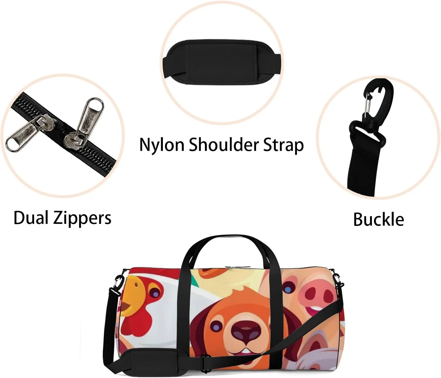 Green Cute Kawaii Cheerful Domestic Animals Sports Bag Tote Bag Waterproof Gym Bag with Shoulder Strap Zipper 2 Side Pockets for Men and Women, Travel and Storage Shoulder Bag.