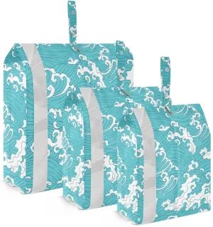 Green Sea Waves Travel Storage Bag with Lanyard - Portable Lightweight Classified Storage Bag with Zipper, Dust and Waterproof Travel Packing Cube for Suitcase,3 Pieces