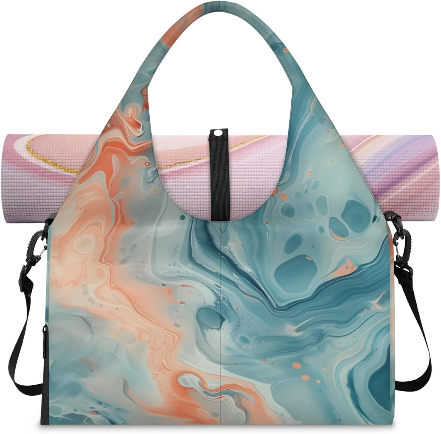 Gym Bag with Shoe Compartment Personal Item Travel Bag Tote Bag for Men Women Duffle Bag for Travel Sports Fitness & Workout Cyan Orange Marble