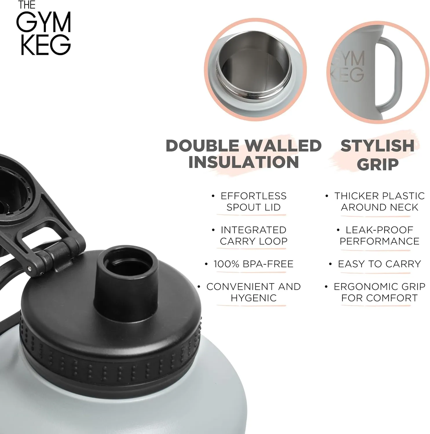 Gym Keg Insulated Water Bottle - 40oz - Double-Wall Insulation Water Container - Silicone and Plastic Chug Lid with Handle - Wide Mouth Water Jug Ideal for Gym and Outdoor Activities - Gray