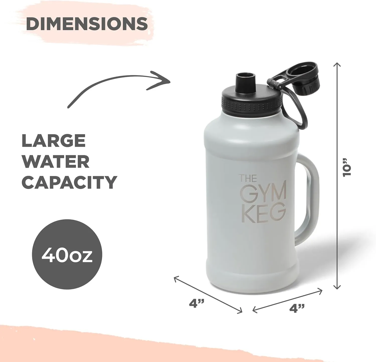 Gym Keg Insulated Water Bottle - 40oz - Double-Wall Insulation Water Container - Silicone and Plastic Chug Lid with Handle - Wide Mouth Water Jug Ideal for Gym and Outdoor Activities - Gray