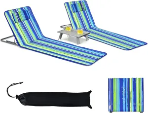GYMAX Beach Chairs, Folding Tanning Lounge Chairs with Table Set, Adjustable Patio Floor Chair, Outdoor Sunbath Chair with Desk, Pillow & Storage Bag for Outside, Patio, Poolside (Blue Stripe)