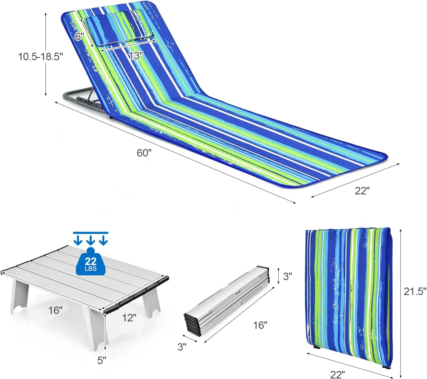 GYMAX Beach Chairs, Folding Tanning Lounge Chairs with Table Set, Adjustable Patio Floor Chair, Outdoor Sunbath Chair with Desk, Pillow & Storage Bag for Outside, Patio, Poolside (Blue Stripe)