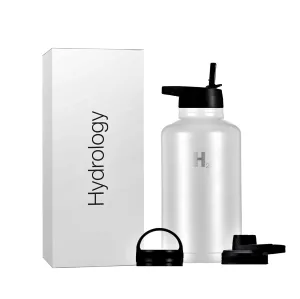 H2 Hydrology Sport Water Bottle 3 LIDS (Straw Lid & Spout Lid) | Double Wall Vacuum Insulated Stainless Steel Wide Mouth | Sports Hot & Cold Leak Proof Sweat Free Thermos (64 oz, White)