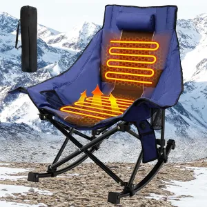 Heated Camping Chair Oversize, XL Heated Rocking Chair with 3 Levels for Back and Seat, Portable Outdoor Heated Folding Chair, Heavy Lawn Chair for Camping/Outdoor/Picnics/Patio (Blue)