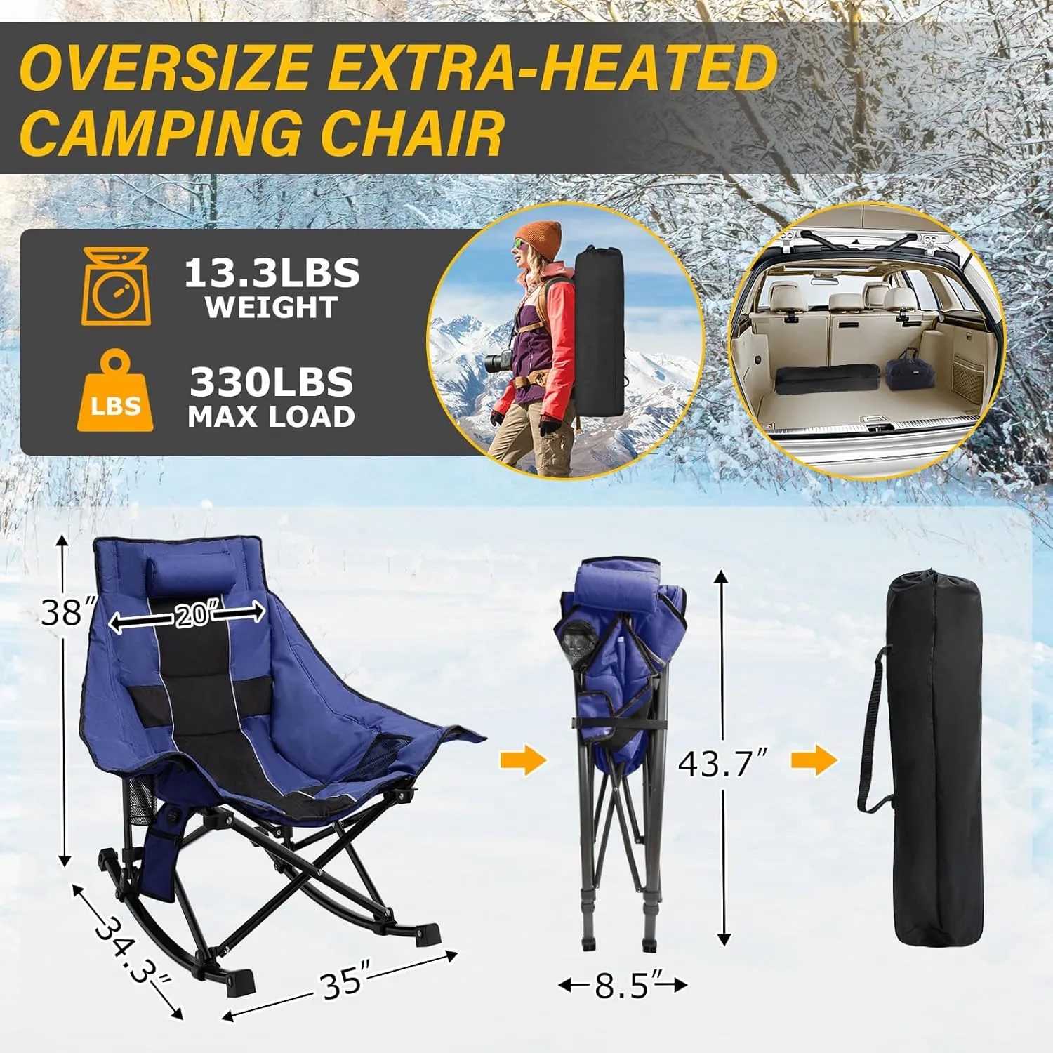 Heated Camping Chair Oversize, XL Heated Rocking Chair with 3 Levels for Back and Seat, Portable Outdoor Heated Folding Chair, Heavy Lawn Chair for Camping/Outdoor/Picnics/Patio (Blue)