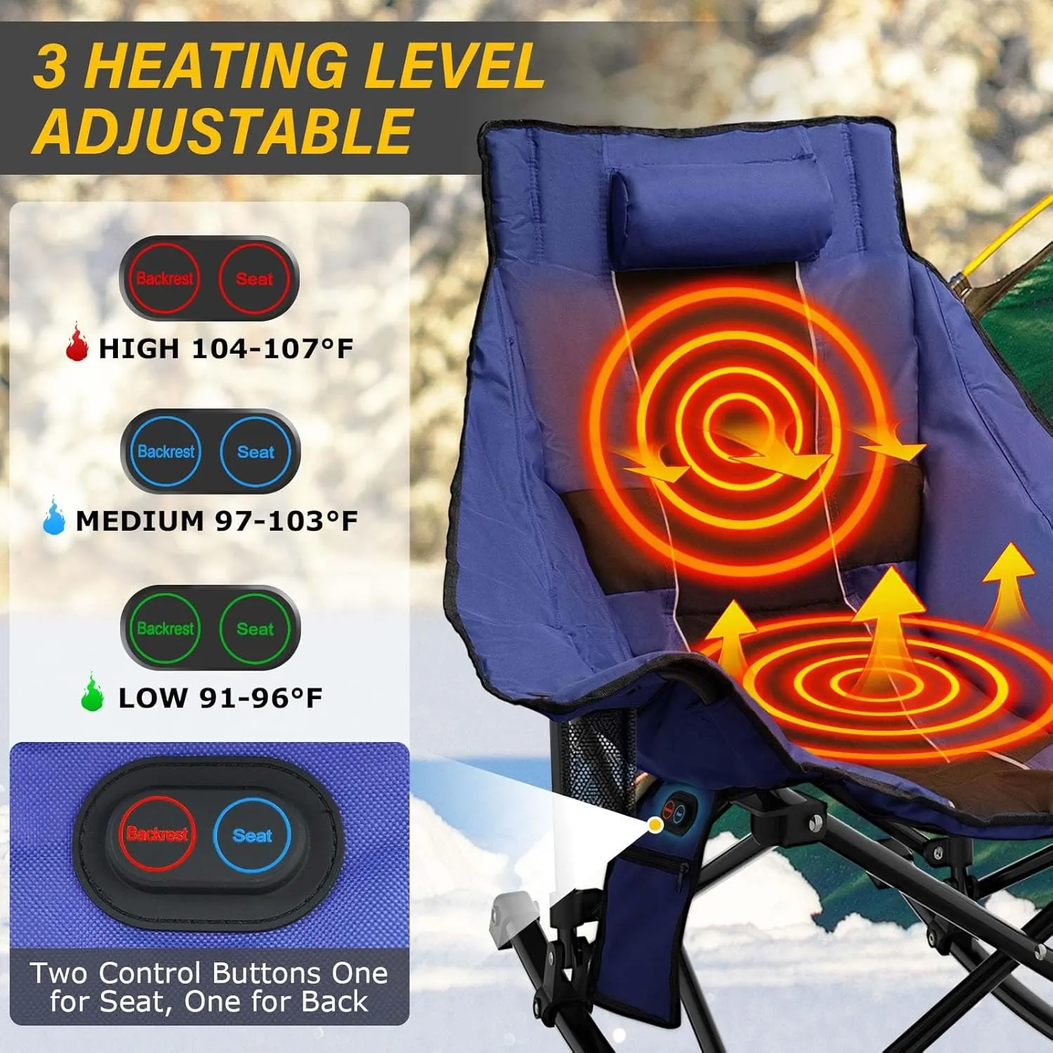 Heated Camping Chair Oversize, XL Heated Rocking Chair with 3 Levels for Back and Seat, Portable Outdoor Heated Folding Chair, Heavy Lawn Chair for Camping/Outdoor/Picnics/Patio (Blue)