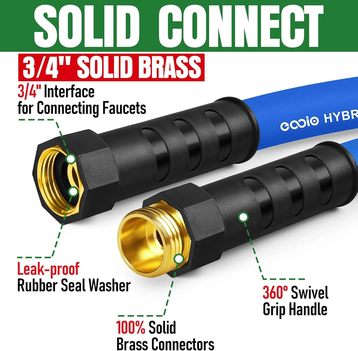 Heavy Duty Garden Hose 50ft, Non-Expanding Flexible Water Hose, Kink Resistant Lightweight Hybrid Hose, Leakproof Hose Male to Female Fittings