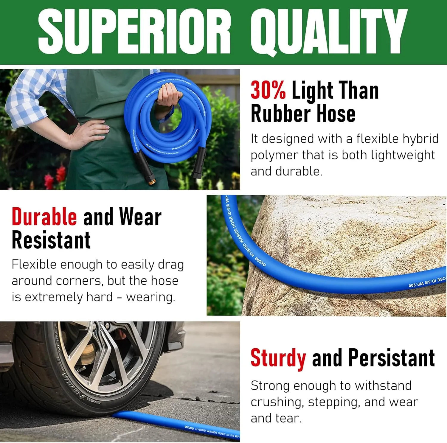Heavy Duty Garden Hose 50ft, Non-Expanding Flexible Water Hose, Kink Resistant Lightweight Hybrid Hose, Leakproof Hose Male to Female Fittings