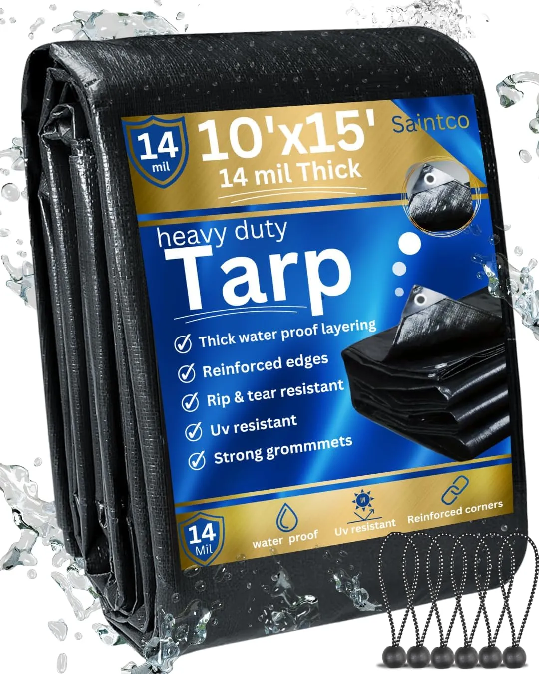 Heavy Duty Poly Tarp Cover 10’x15’FT, 14 Mil, 6 Bonus Ball Bungee - Large, Tarps, Waterproof, Strong Grommets, Multipurpose, UV & Tear Resistant, Reinforced Edges Outdoor, Camping, Pool, Car (Black)
