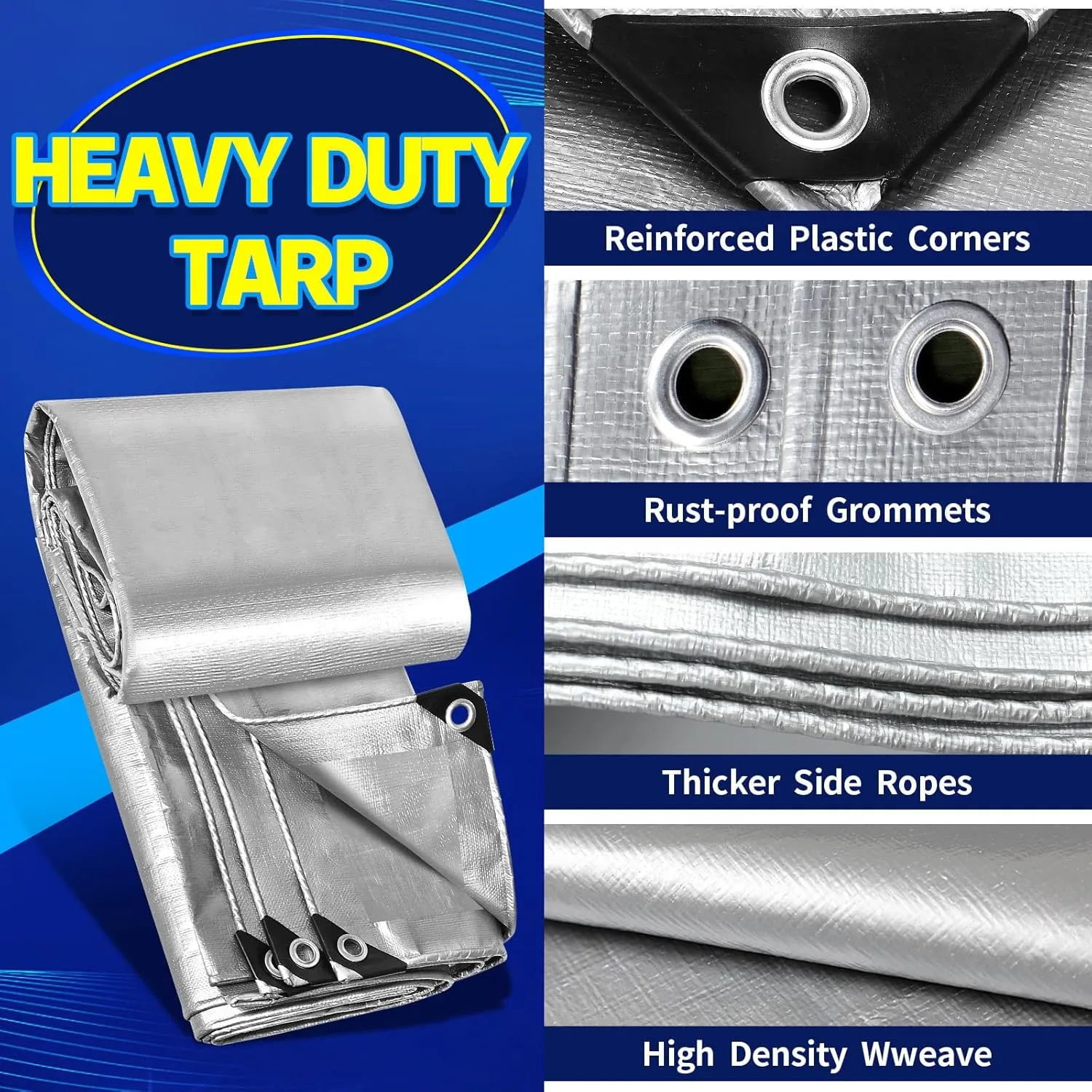Heavy Duty Tarp 16' X 20', 16 Mil Large Waterproof Tarps, High Durability, UV Resistant, Tear Resistant with Grommets Every 18 Inches for Outdoor