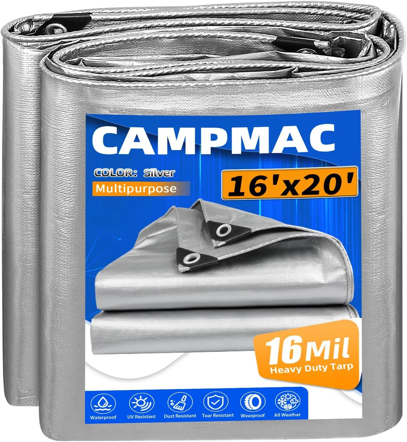 Heavy Duty Tarp 16' X 20', 16 Mil Large Waterproof Tarps, High Durability, UV Resistant, Tear Resistant with Grommets Every 18 Inches for Outdoor