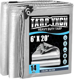 Heavy Duty Tarp 6x20 Feet, 14 Mil Waterproof Poly Tarps Cover UV Resistant, Rip & Tear Proof with Metal Grommets Every 20 Inches Silver Tarp by TA*RP YXCN