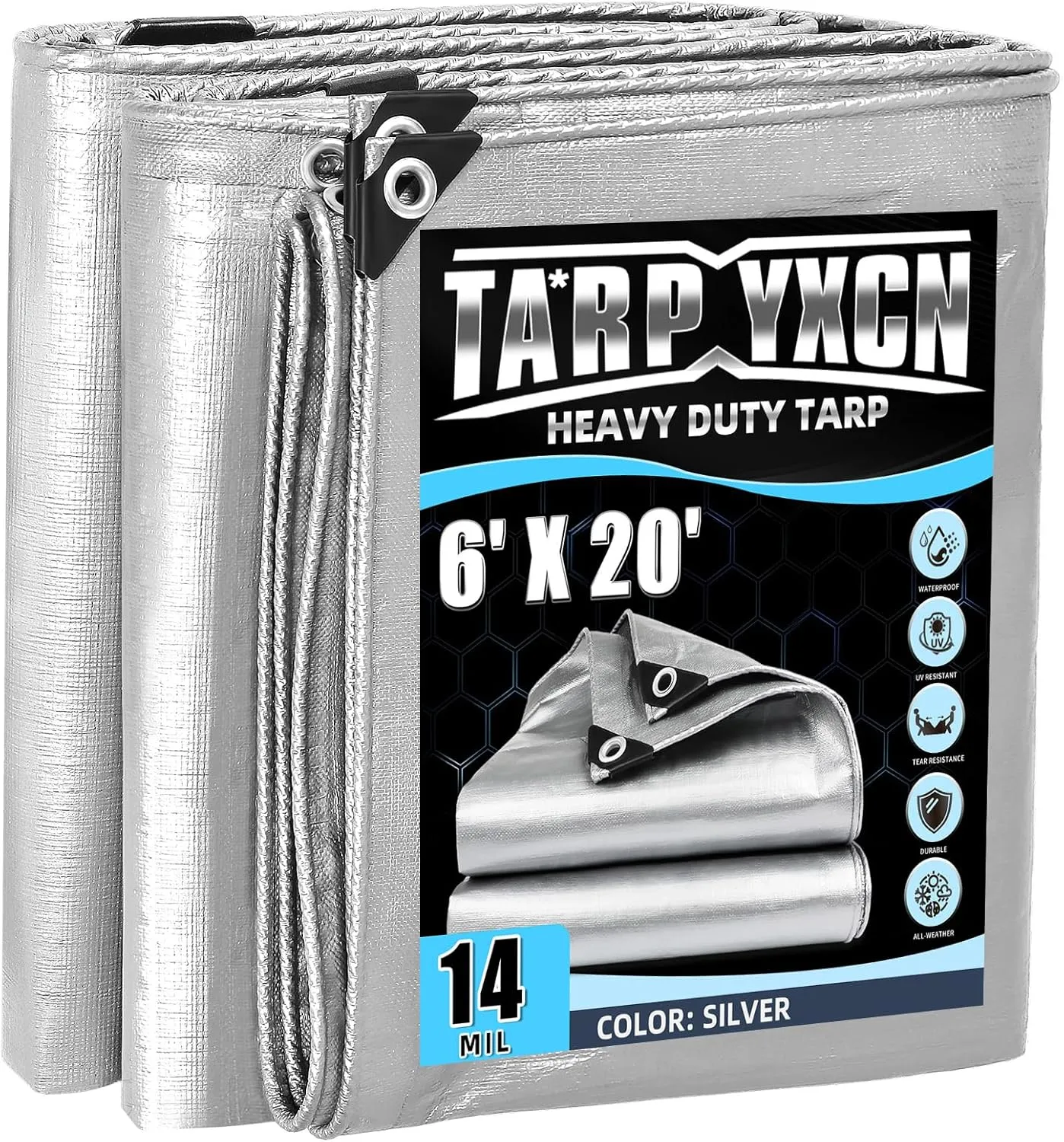 Heavy Duty Tarp 6x20 Feet, 14 Mil Waterproof Poly Tarps Cover UV Resistant, Rip & Tear Proof with Metal Grommets Every 20 Inches Silver Tarp by TA*RP YXCN