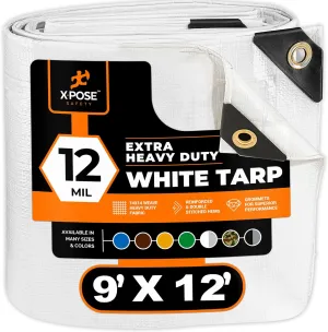 Heavy Duty White Poly Tarp 9' X 12' - Multipurpose Protective Cover - Durable, Waterproof, Weather Proof, Rip and Tear Resistant - Extra Thick 12 Mil Polyethylene - by Xpose Safety