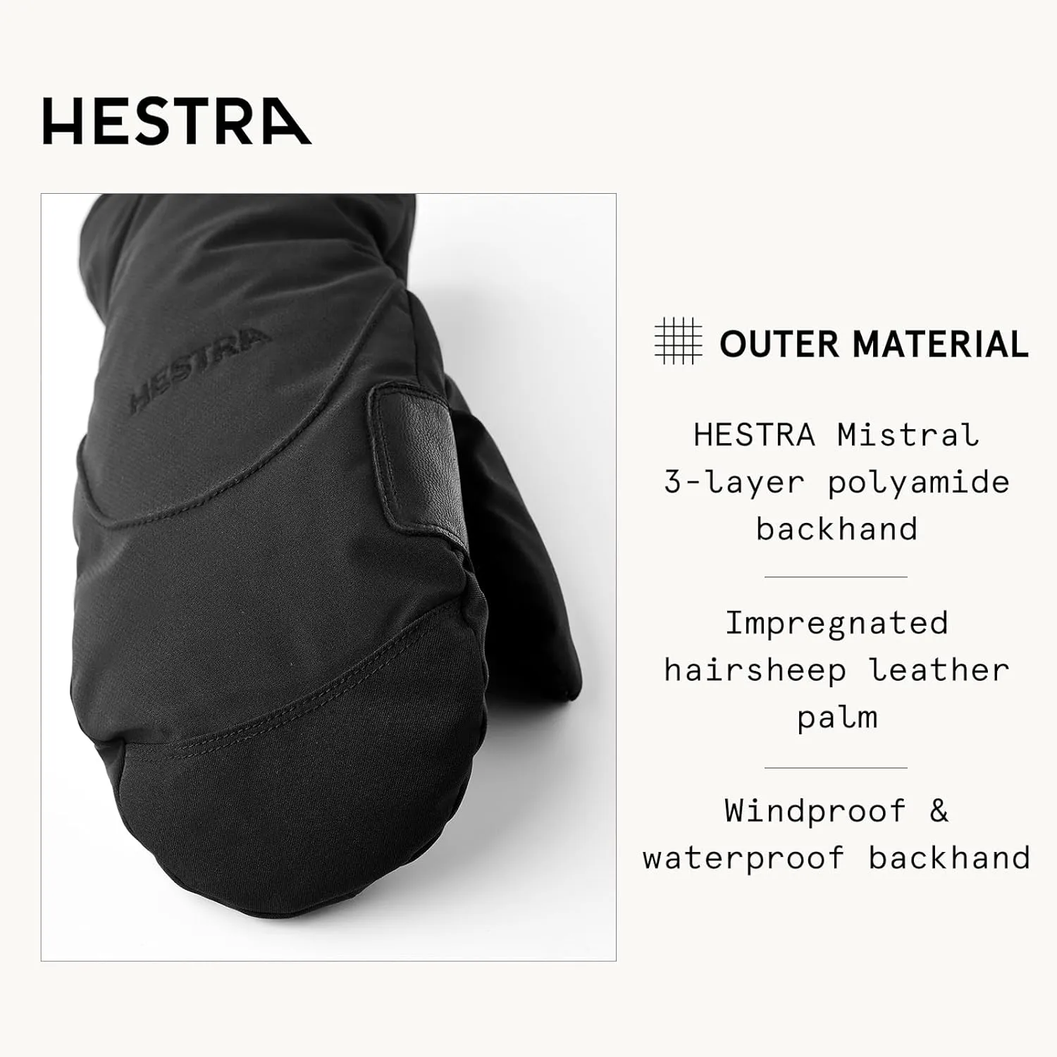 Hestra Unisex CZone Mellow Mitt, Waterproof & Windproof Insulated Leather Mitten, Alpine Skiing & Snowboarding, Men & Women