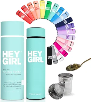 Hey Girl Tea Infuser Bottle 450ml - Insulated Stainless Steel Water Bottle - Thermos Tea Tumbler with Tea Diffuser - Portable Travel Mug for Loose Leaf Tea & Infused Water - Tea Lovers Gifts for Women