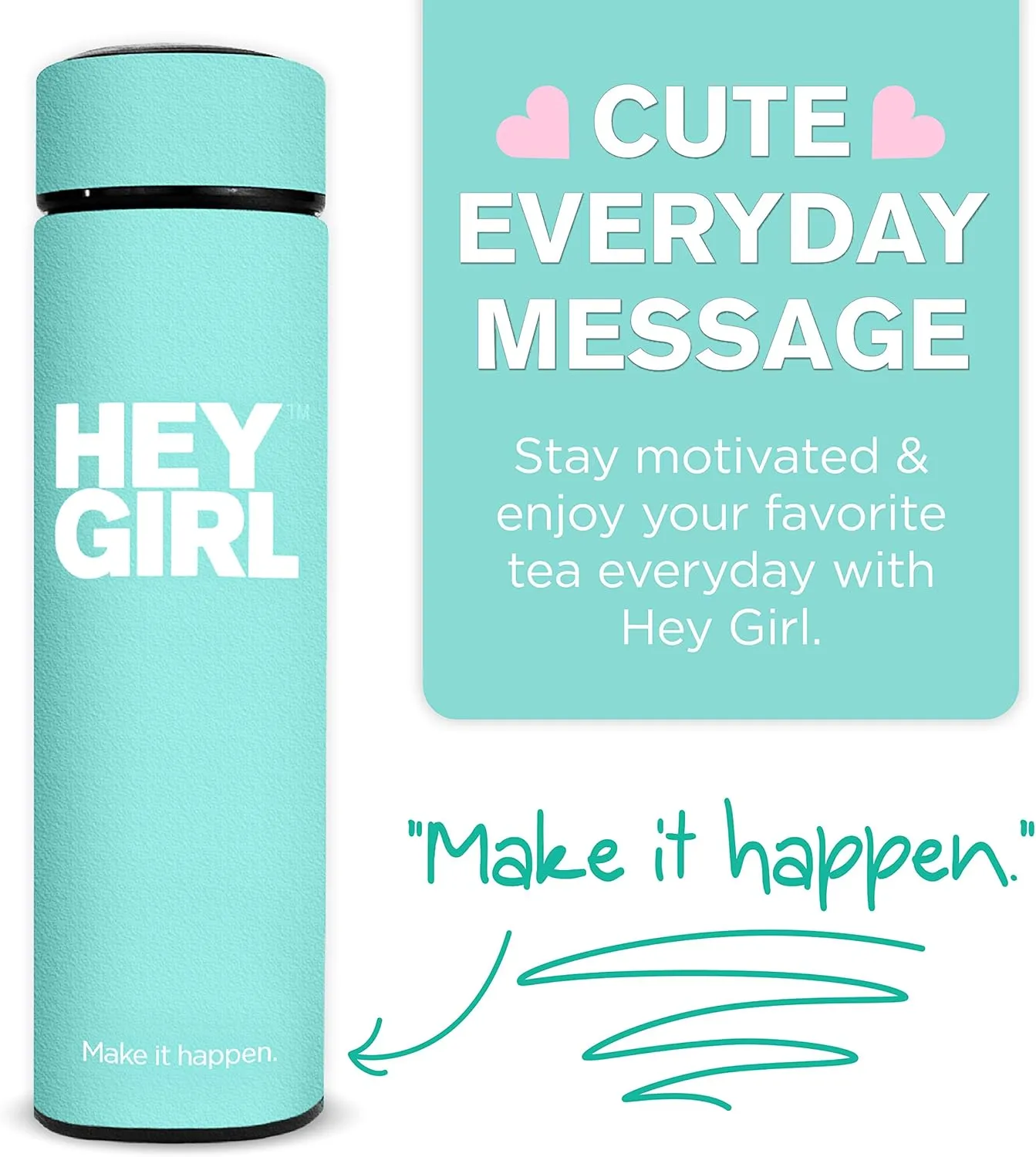 Hey Girl Tea Infuser Bottle 450ml - Insulated Stainless Steel Water Bottle - Thermos Tea Tumbler with Tea Diffuser - Portable Travel Mug for Loose Leaf Tea & Infused Water - Tea Lovers Gifts for Women