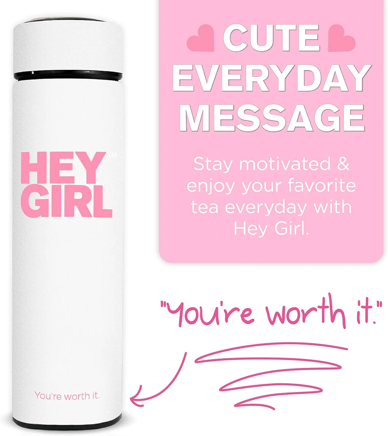 Hey Girl Tea Infuser Bottle 450ml - Insulated Stainless Steel Water Bottle - Thermos Tea Tumbler with Tea Diffuser - Portable Travel Mug for Loose Leaf Tea & Infused Water - Tea Lovers Gifts for Women