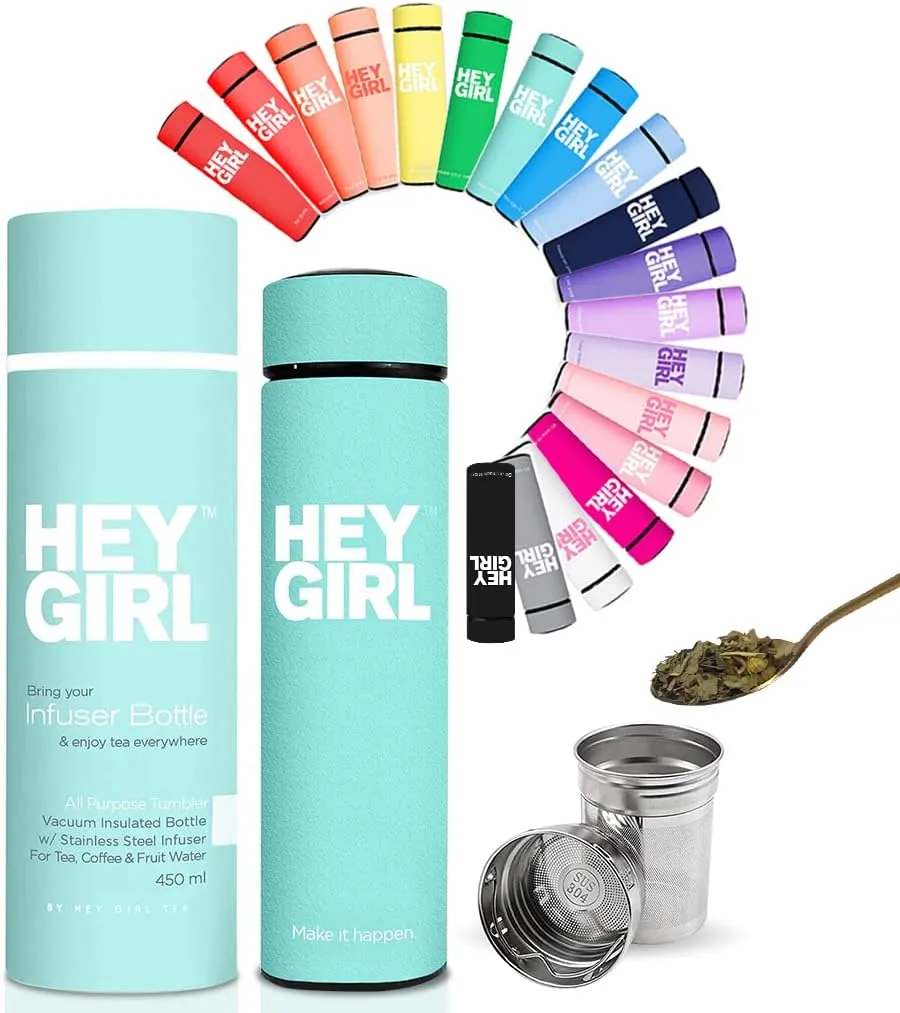 Hey Girl Tea Infuser Bottle 450ml - Insulated Stainless Steel Water Bottle - Thermos Tea Tumbler with Tea Diffuser - Portable Travel Mug for Loose Leaf Tea & Infused Water - Tea Lovers Gifts for Women