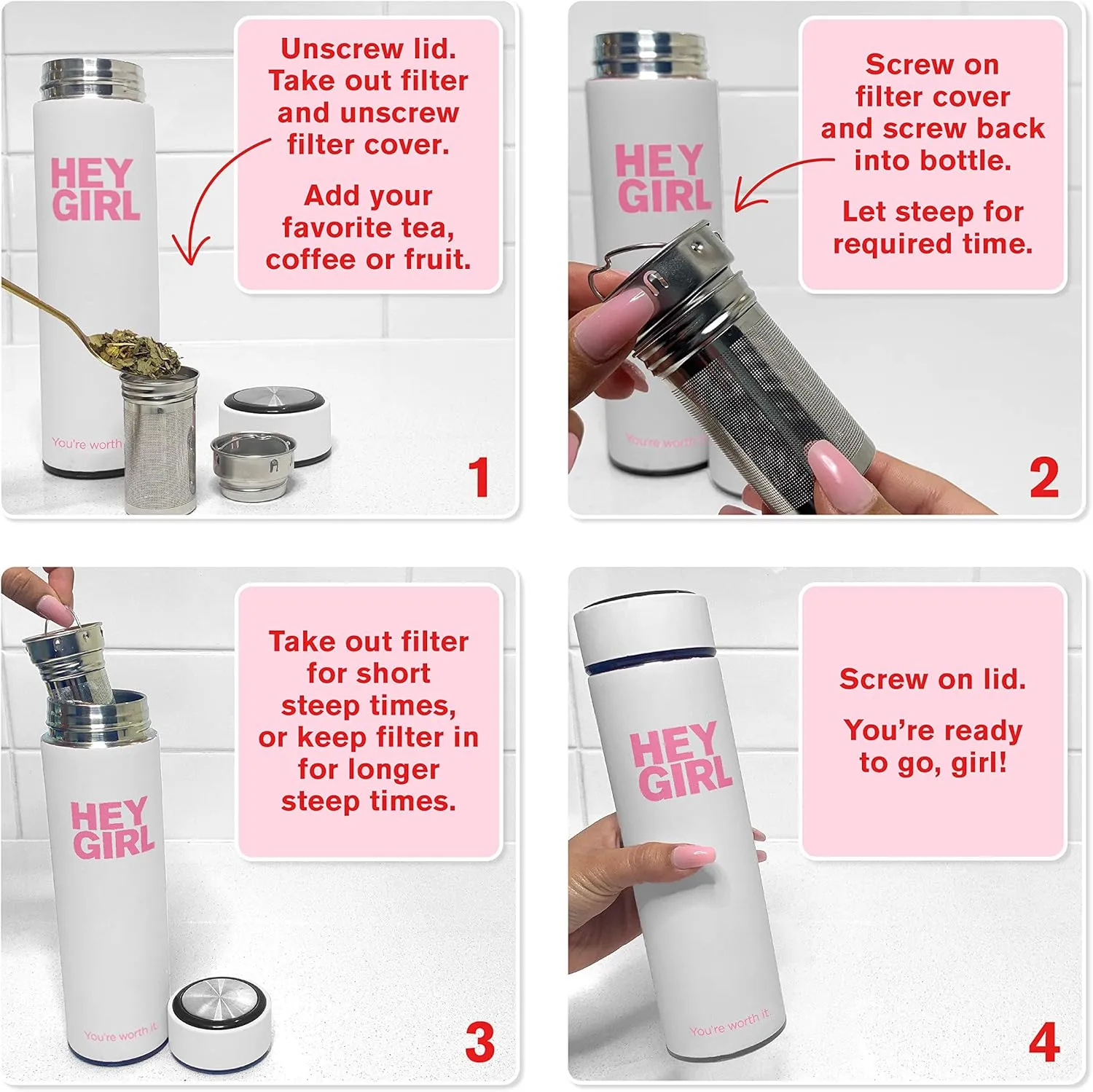 Hey Girl Tea Infuser Bottle 450ml - Insulated Stainless Steel Water Bottle - Thermos Tea Tumbler with Tea Diffuser - Portable Travel Mug for Loose Leaf Tea & Infused Water - Tea Lovers Gifts for Women