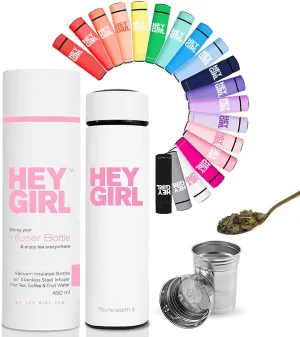 Hey Girl Tea Infuser Bottle 450ml - Insulated Stainless Steel Water Bottle - Thermos Tea Tumbler with Tea Diffuser - Portable Travel Mug for Loose Leaf Tea & Infused Water - Tea Lovers Gifts for Women