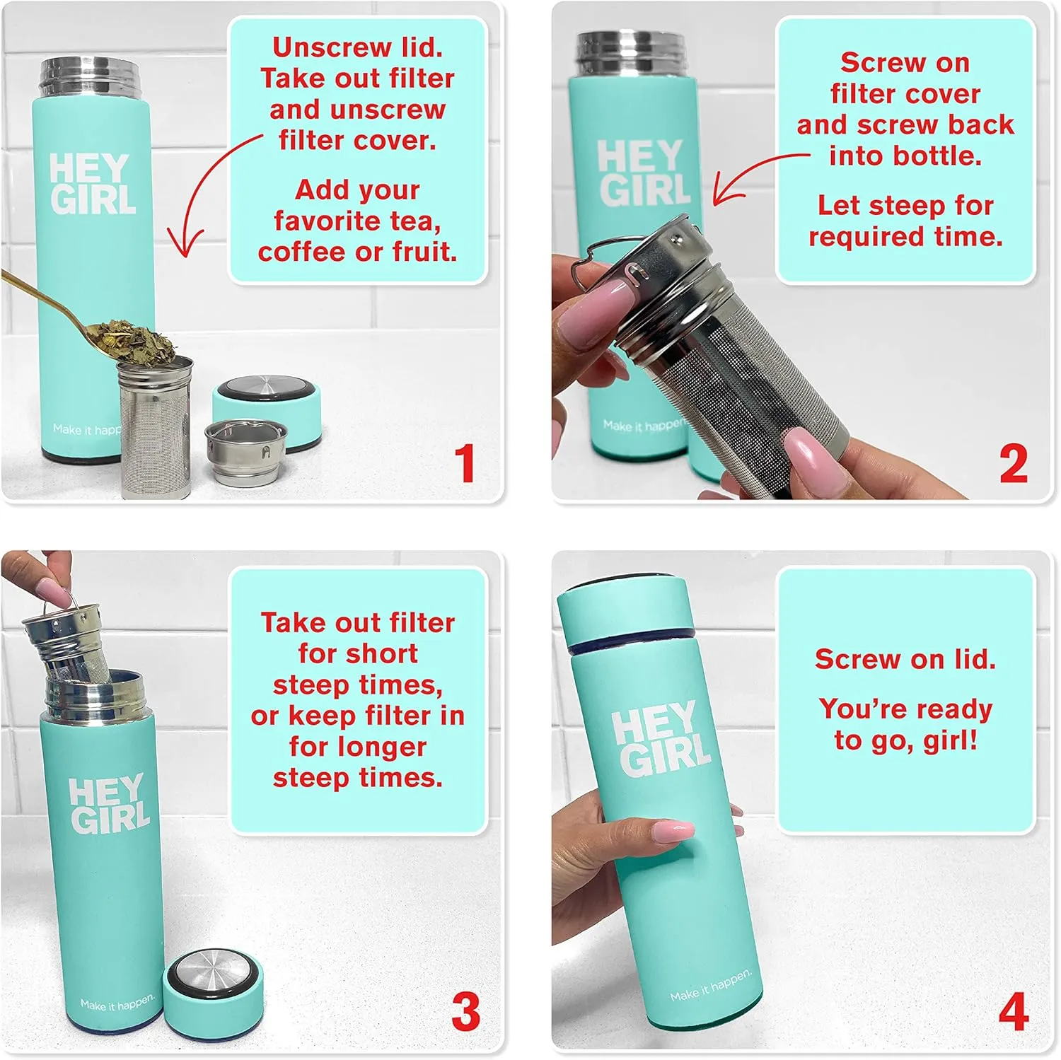 Hey Girl Tea Infuser Bottle 450ml - Insulated Stainless Steel Water Bottle - Thermos Tea Tumbler with Tea Diffuser - Portable Travel Mug for Loose Leaf Tea & Infused Water - Tea Lovers Gifts for Women