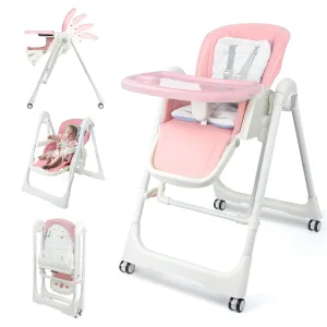 High Chairs for Babies and Toddlers Foldable High Chair Adjustable with Reclining Seat & Leg Rest, 3-in-1 Convertible Baby Swings with Tool-Free Assembly (Pink)