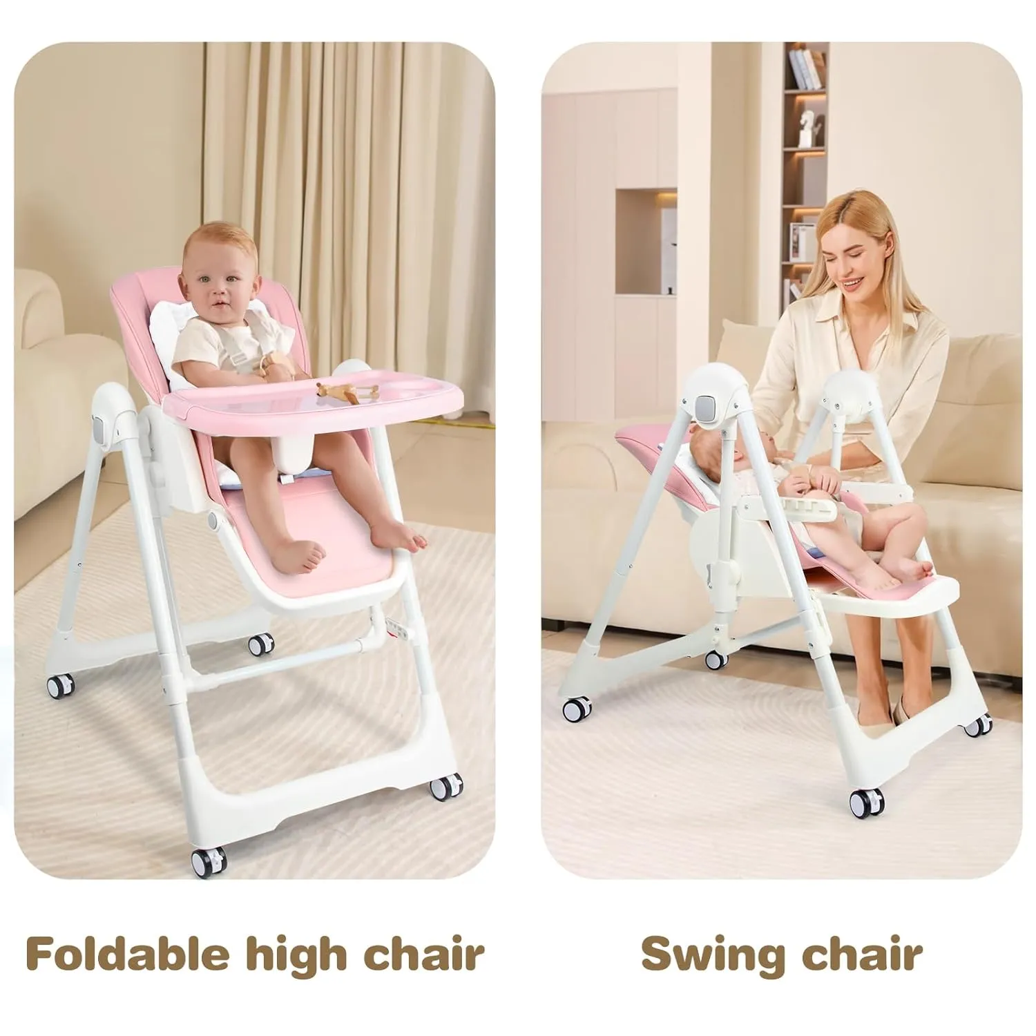 High Chairs for Babies and Toddlers Foldable High Chair Adjustable with Reclining Seat & Leg Rest, 3-in-1 Convertible Baby Swings with Tool-Free Assembly (Pink)