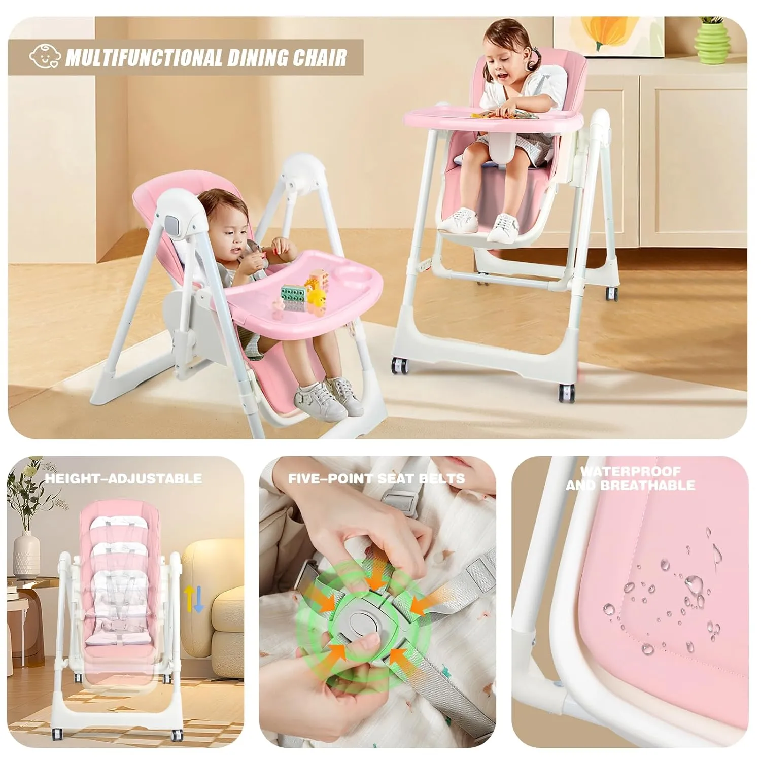 High Chairs for Babies and Toddlers Foldable High Chair Adjustable with Reclining Seat & Leg Rest, 3-in-1 Convertible Baby Swings with Tool-Free Assembly (Pink)