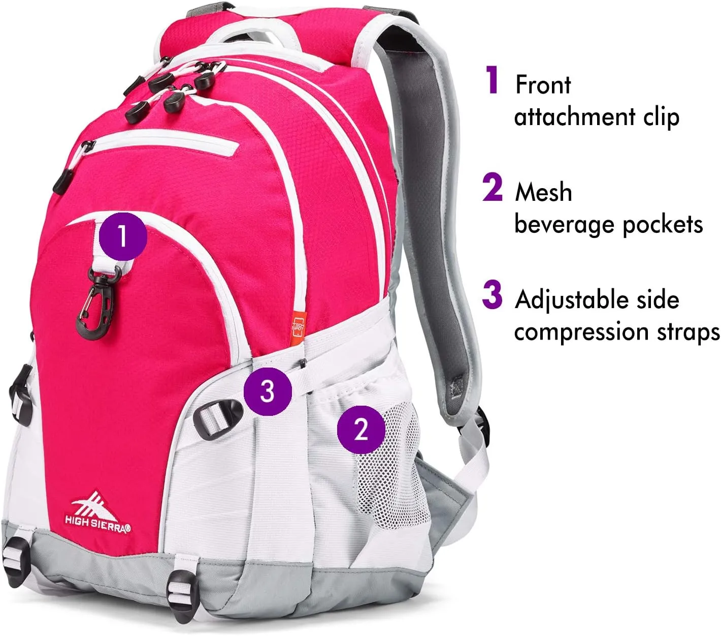 High Sierra Loop Backpack, Travel, or Work Bookbag with tablet sleeve, One Size, Pink Punch/White/Ash