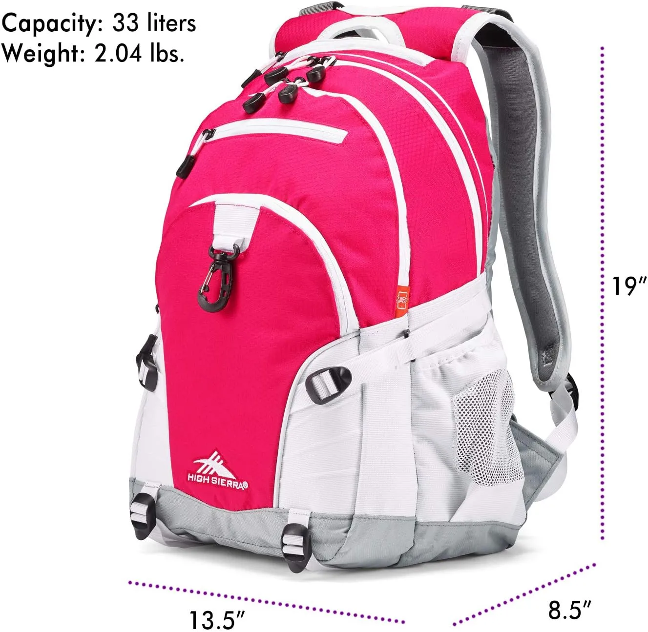 High Sierra Loop Backpack, Travel, or Work Bookbag with tablet sleeve, One Size, Pink Punch/White/Ash