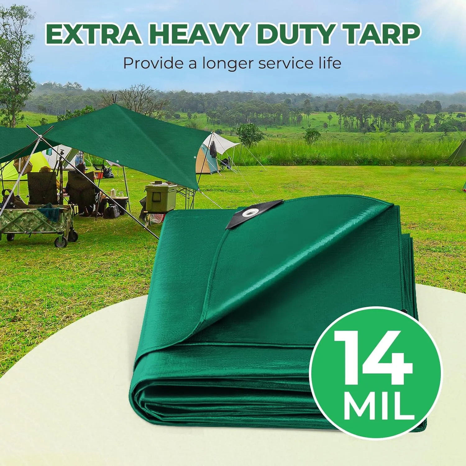 HIRALIY 14 Mil Tarp Waterproof 10x20 Feet, Extra Thick Heavy Duty Tarp with Reinforced Grommets for Firewood, Roof, Camping, Patio, Pool, Boat, Dump Trailer