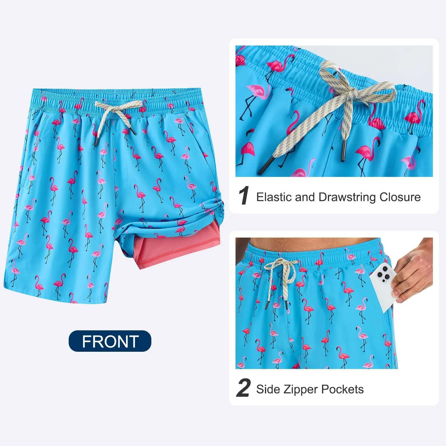 HODOSPORTS Mens Swim Trunks 5" Inseam Quick Dry Swimsuit with Compression Liner and Pockets Swimming Shorts