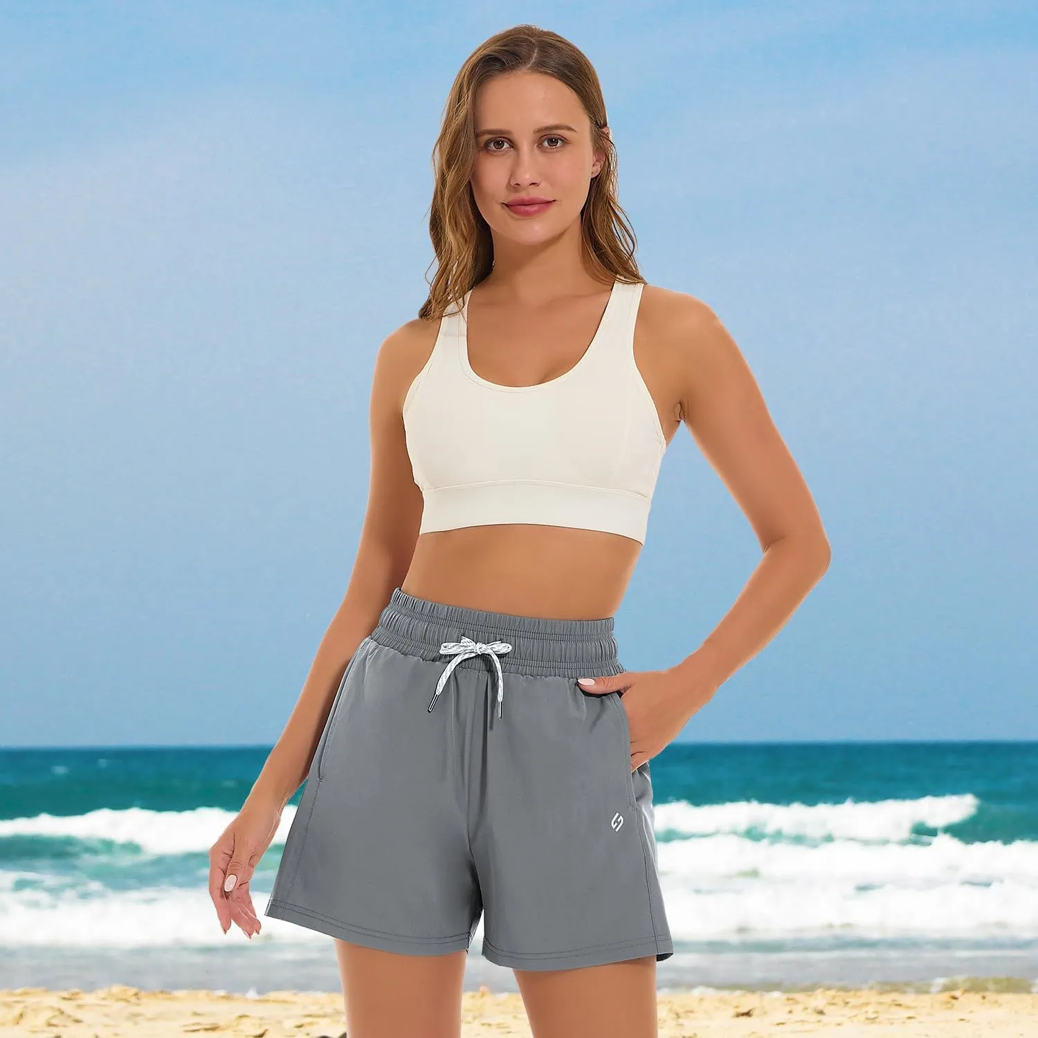 HODOSPORTS Women's 4'' Swim Shorts Quick Dry Board Shorts with Boxer Liner Pockets Swimsuit Bottoms