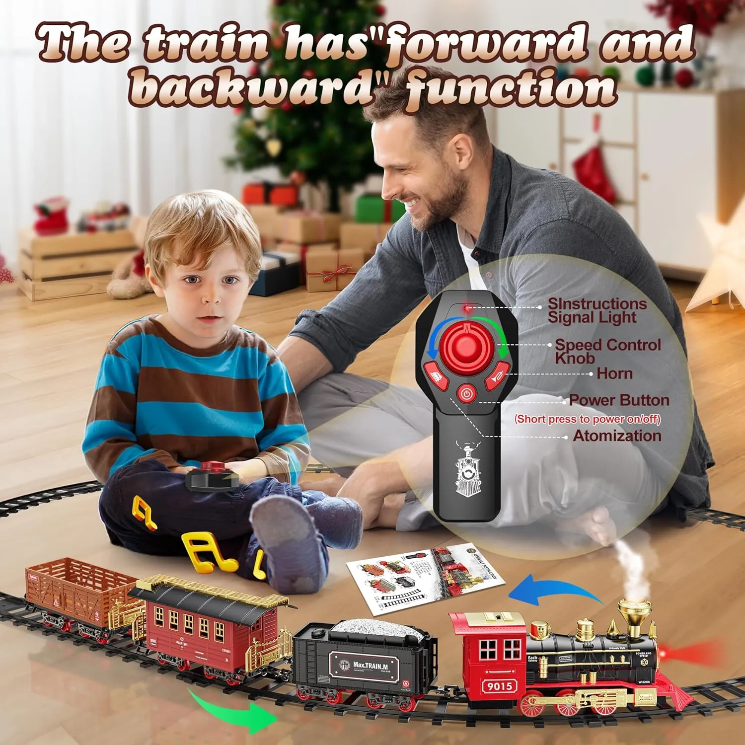 Hot Bee Train Set - Train Toys for Boys with Smokes, Lights and Sound, Toy Train Set for Under Christmas Tree, Toddler Model Trains for 3 4 5 6 7 8  Years Old Kids Christmas Toys Gifts