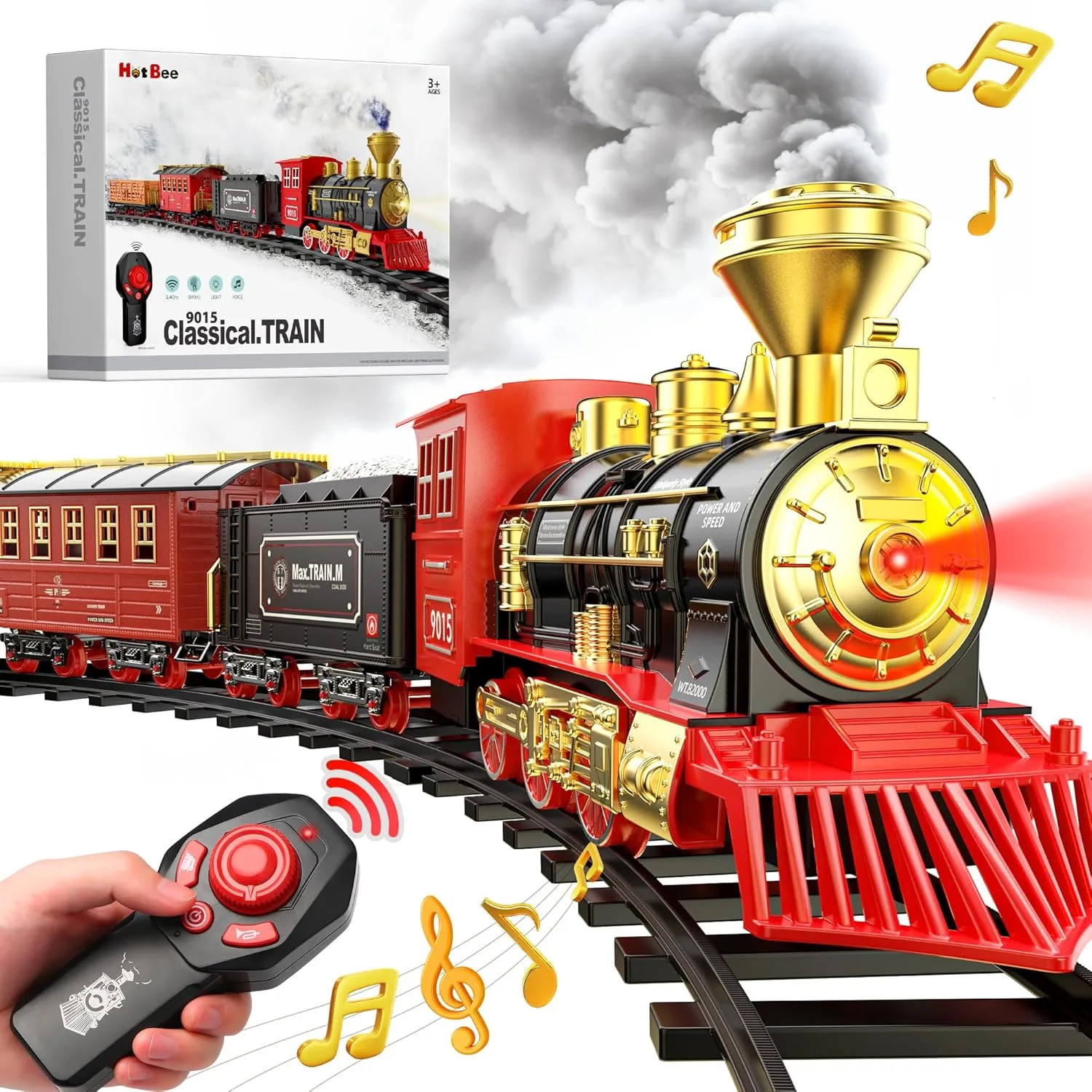 Hot Bee Train Set - Train Toys for Boys with Smokes, Lights and Sound, Toy Train Set for Under Christmas Tree, Toddler Model Trains for 3 4 5 6 7 8  Years Old Kids Christmas Toys Gifts