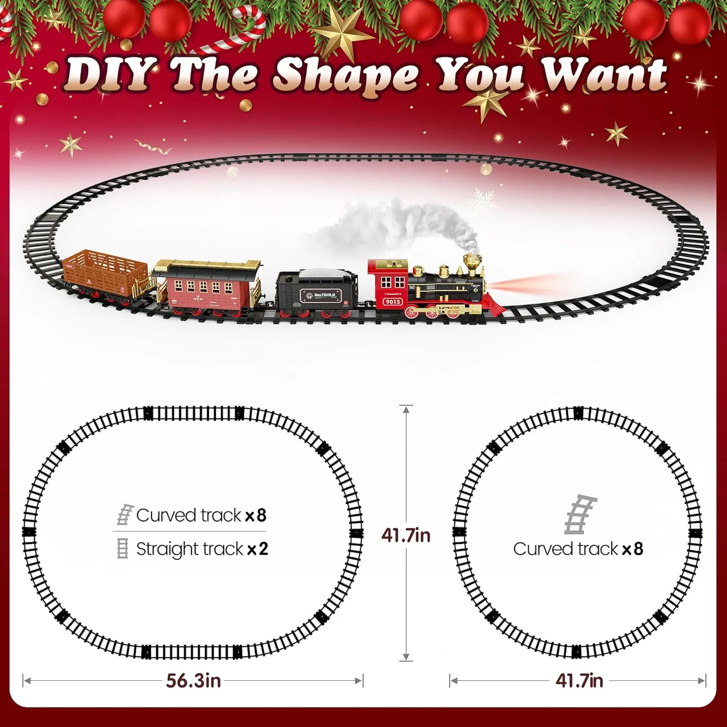 Hot Bee Train Set - Train Toys for Boys with Smokes, Lights and Sound, Toy Train Set for Under Christmas Tree, Toddler Model Trains for 3 4 5 6 7 8  Years Old Kids Christmas Toys Gifts