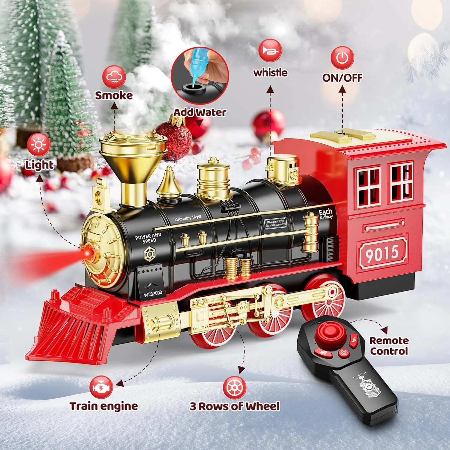 Hot Bee Train Set - Train Toys for Boys with Smokes, Lights and Sound, Toy Train Set for Under Christmas Tree, Toddler Model Trains for 3 4 5 6 7 8  Years Old Kids Christmas Toys Gifts