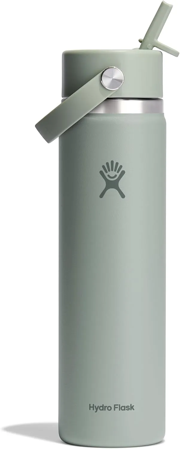 Hydro Flask Water Bottle - Insulated Stainless Steel - Wide Mouth Flex Straw Lid, Non Spill, Leakproof and Refillable in 24 Oz Agave Green