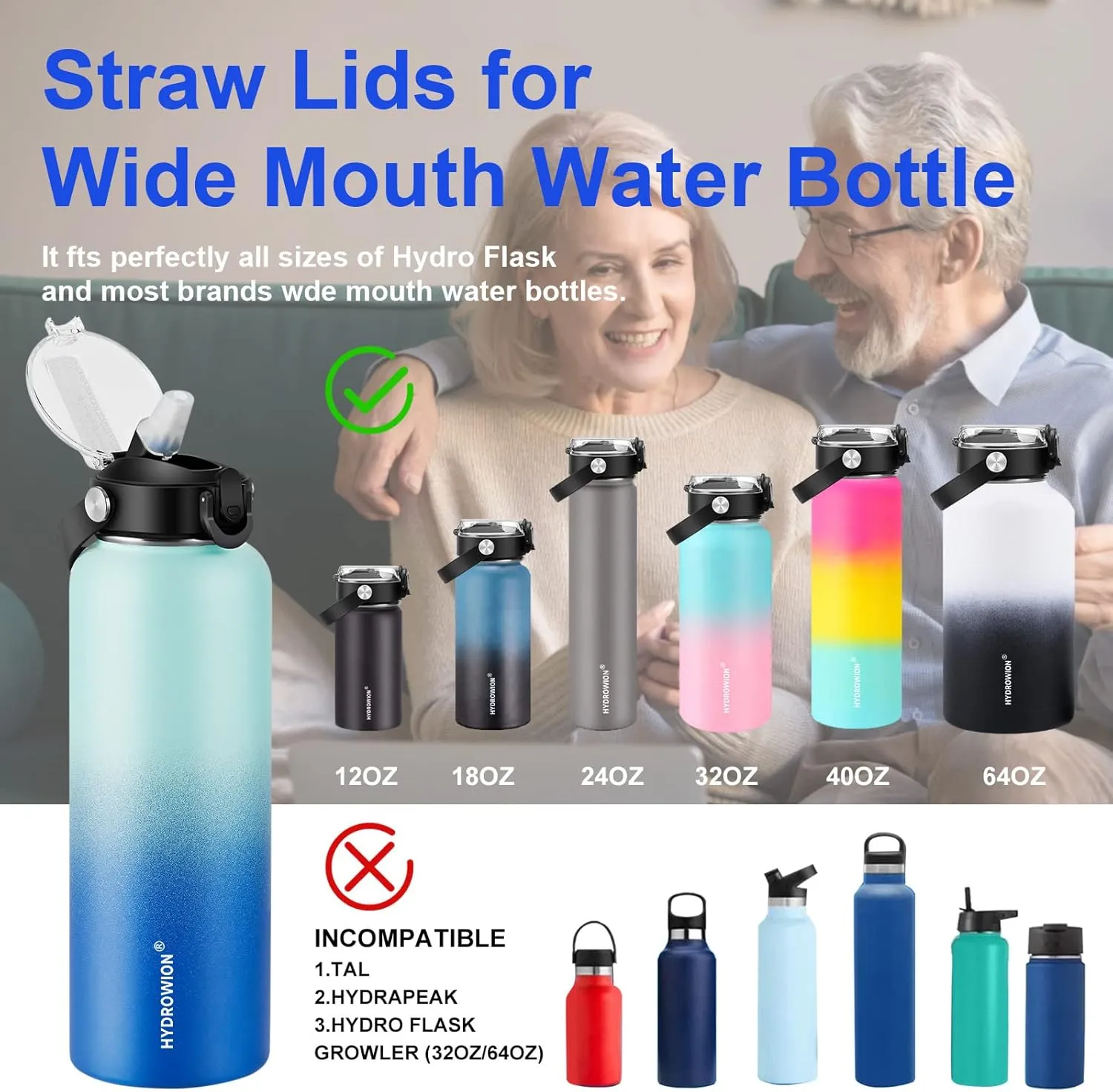 HYDROWION Auto Flip Straw Lid with Button Lock for Wide Mouth Water Bottle 12, 18, 24, 32, 40, 64oz, Great Lid for Hydro Flask, Takeya, Iron Flask