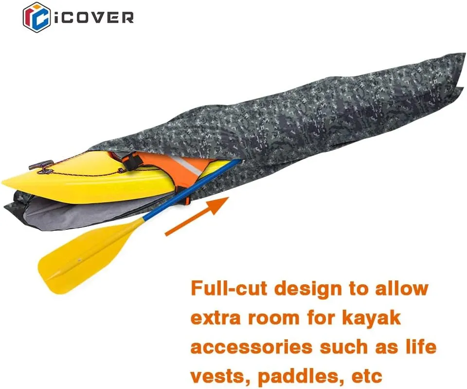 i COVER 10ft Kayak Cover- Water Proof Heavy Duty Kayaks/Canoe Covers Fits Canoes or Paddleboards up to 10ft Long and Beam Width up to 27in, Camo