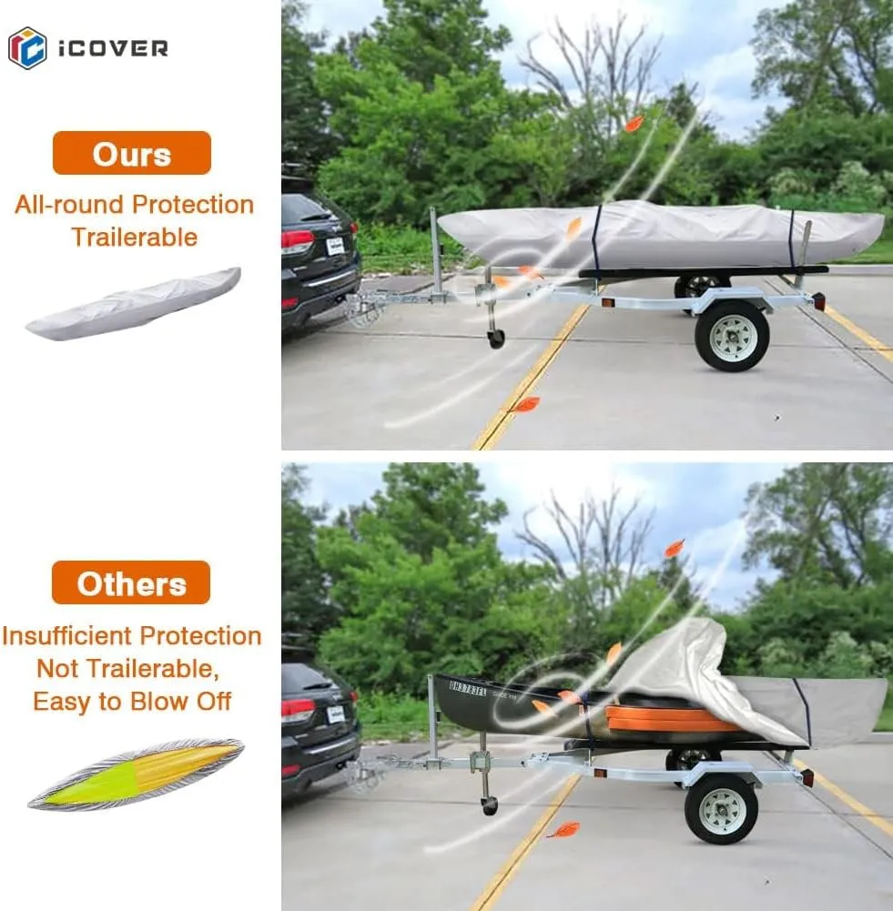 i COVER 16ft Kayak Cover- Water Proof 600D Heavy Duty Kayaks/Canoe Covers Fits Canoes or Paddleboards up to 16ft Long and Beam Width up to 36in, Grey