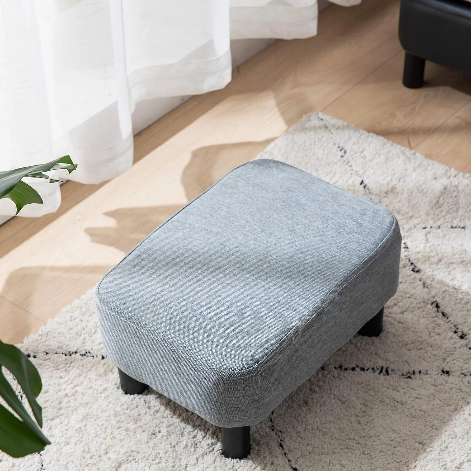 IBUYKE 16.54" Small Footstool Linen Fabric Pouf Ottoman Footrest Modern Home Bedroom Rectangular Stool, with Padded Seat Pine Wood Legs, Gray Blue RF-BD214-D