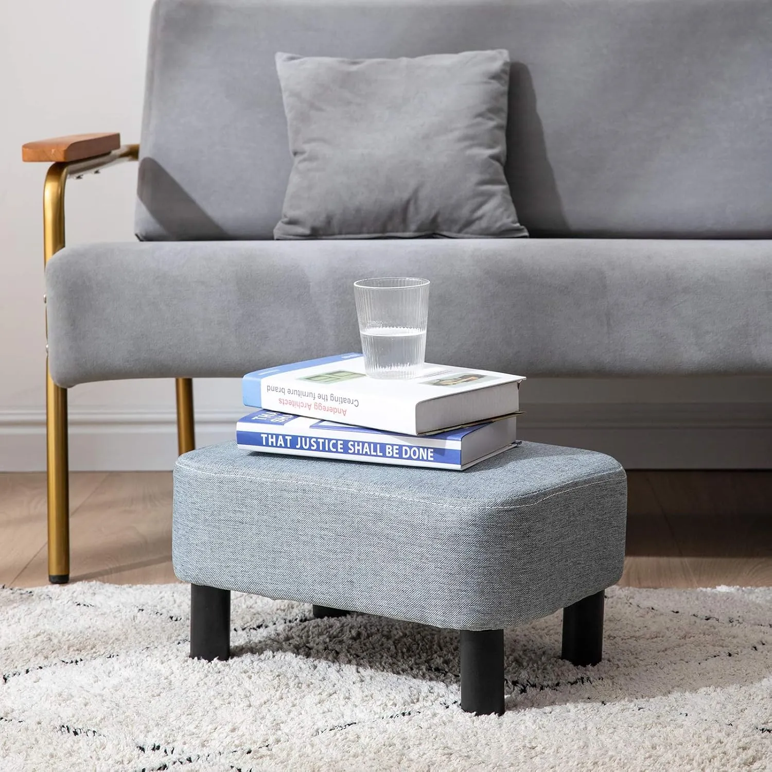 IBUYKE 16.54" Small Footstool Linen Fabric Pouf Ottoman Footrest Modern Home Bedroom Rectangular Stool, with Padded Seat Pine Wood Legs, Gray Blue RF-BD214-D